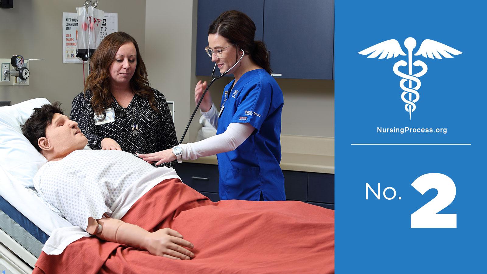Southeast Tech student in blue scrubs with instructor and simulated patient in hospital bed. 
