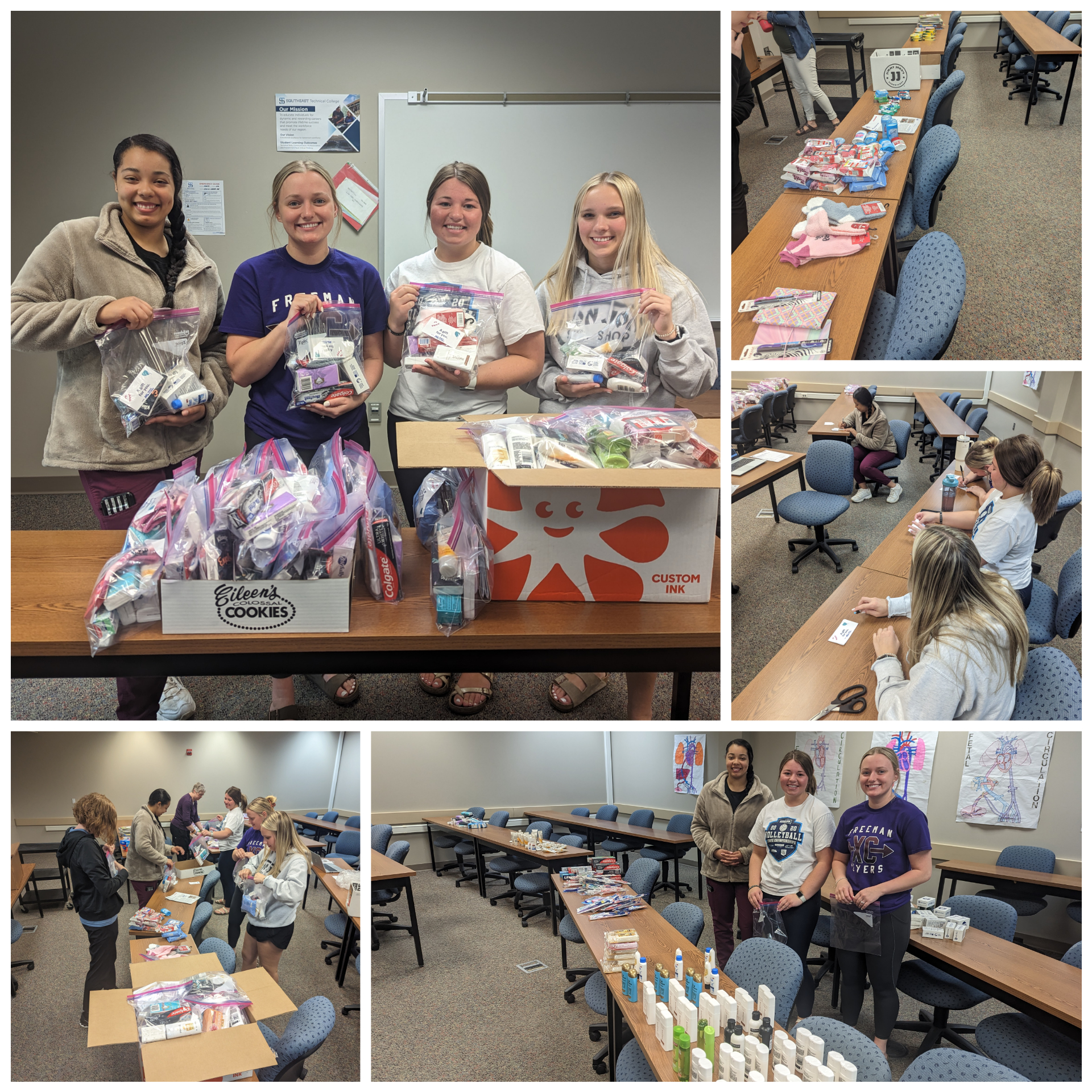 collage of nursing students assembling care kits