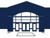 Icon of school building. Solid navy on white background