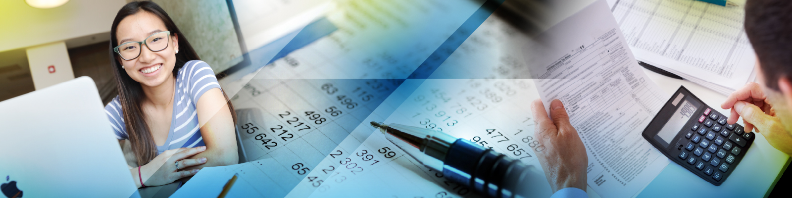 Student studying accounting, crunching numbers and looking at computer