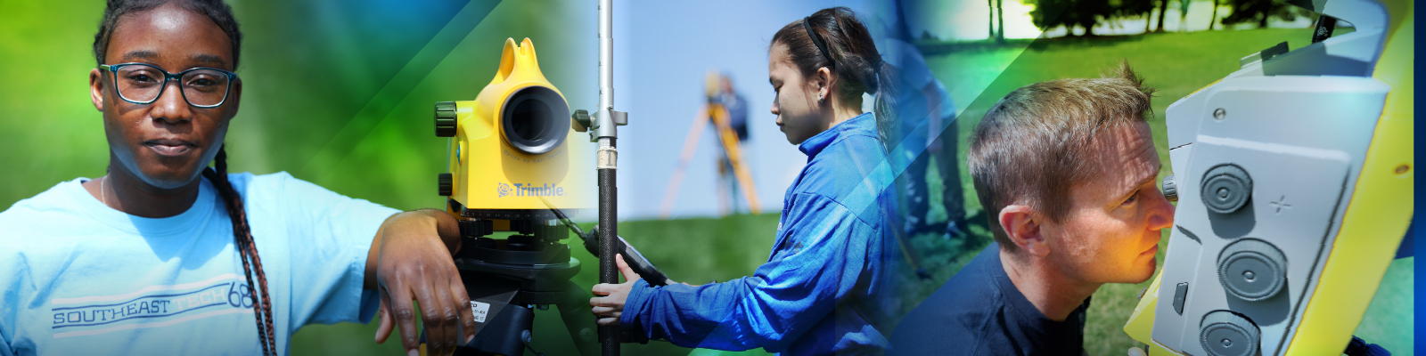 Students studying civil engineering by reviewing the land infrastructure using surveying equipment and CAD drawings.