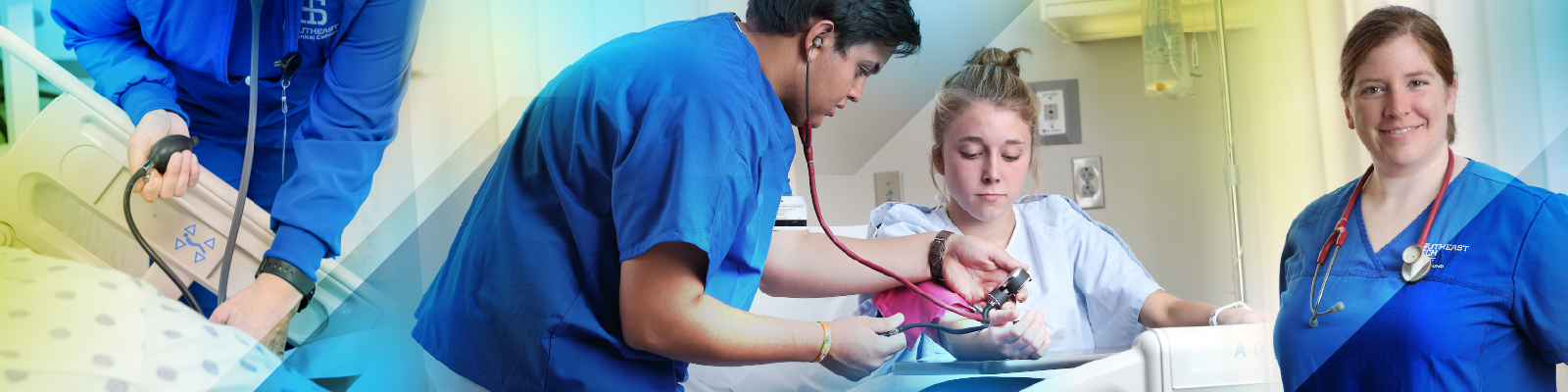 Male student in hospital room checking blood pressure on young female, female student poses in Southeast Tech scrubs