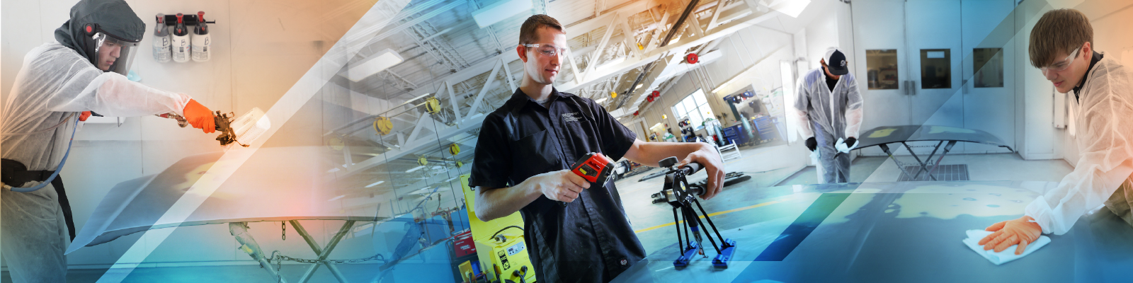 Student in shop shirt buffing repairing a car part while other students are working in background painting and buffing the body of a car