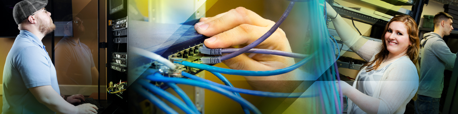 Student working on computer server with multiple cords, hand plugging a cord in.