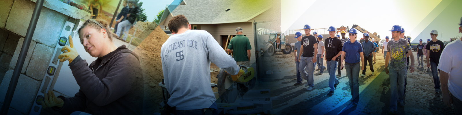 Students practicing construction skills such as leveling and using a saw, while others are walking to a job site.