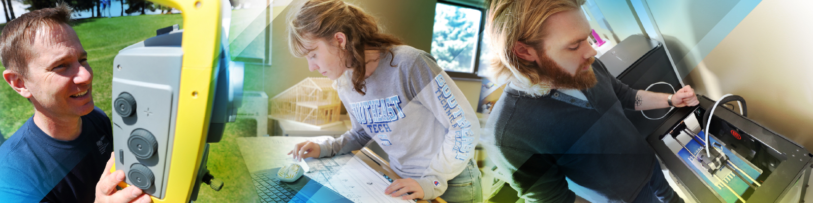 Southeast Tech engineering students studying blueprints, overlooking land surveying and operating mechanical machines to manufacture and develop products.