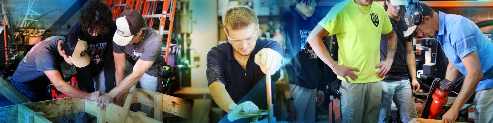 Students using a variety of skills and tools to perform a wide rage of construction jobs such as piecing together wood, cutting and drilling.