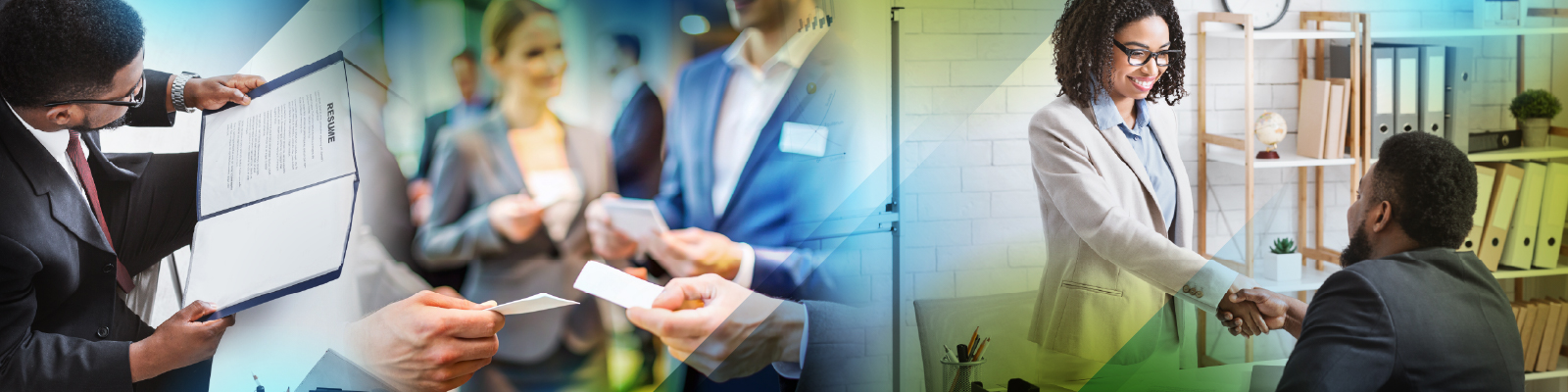 Professionally dressed male and female at a job interview