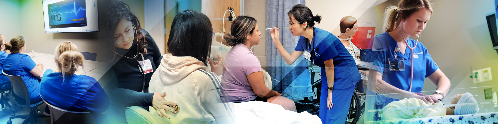 Southeast Tech students practicing their nursing skills on a baby manikin, student patient and reviewing results on screen.