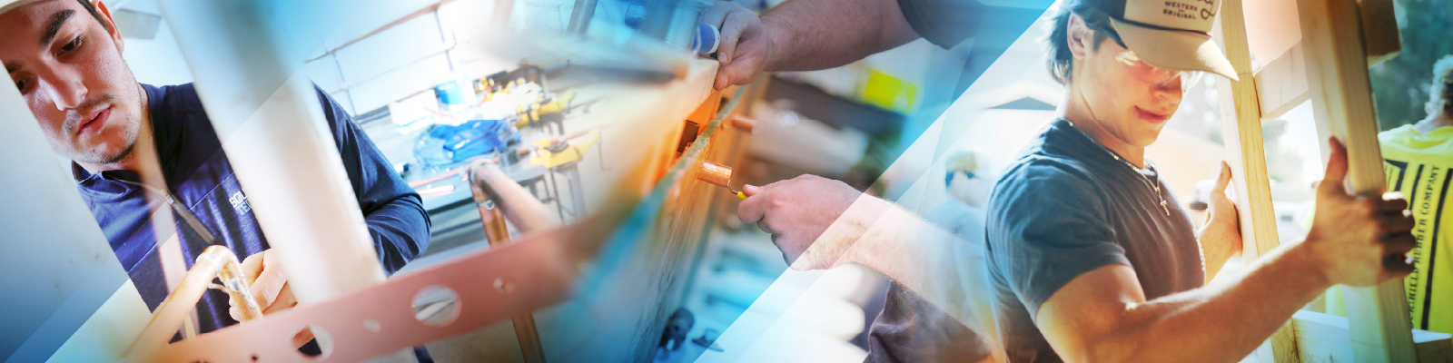 Students in a lab working hands-on with a variety of tools fixing pipes and practicing carpentry. 