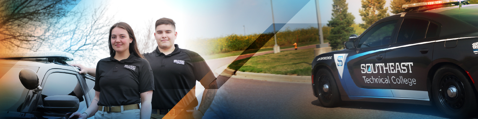 Students in front branded law enforcement vehicles.