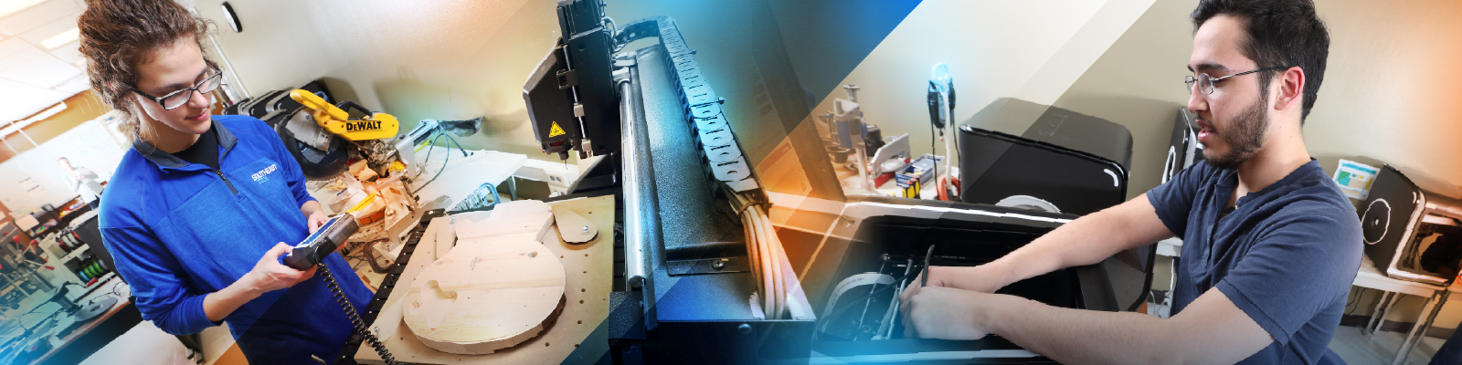 Male student in front of 3D printer, making adjustments in room full of 3D printers while female student is operating another mechanical device.
