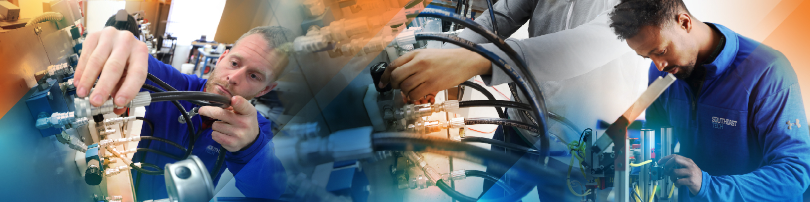 Mechatronics students working creating electric controls and system limitations for manufacturing processes.