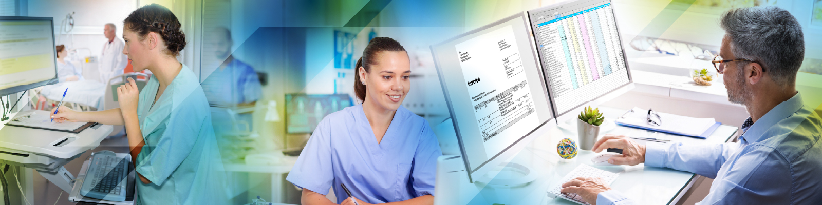 Both women and men working within a office and hospital setting reviewing patient charts and procedures to ensure the correct medical codes are used.