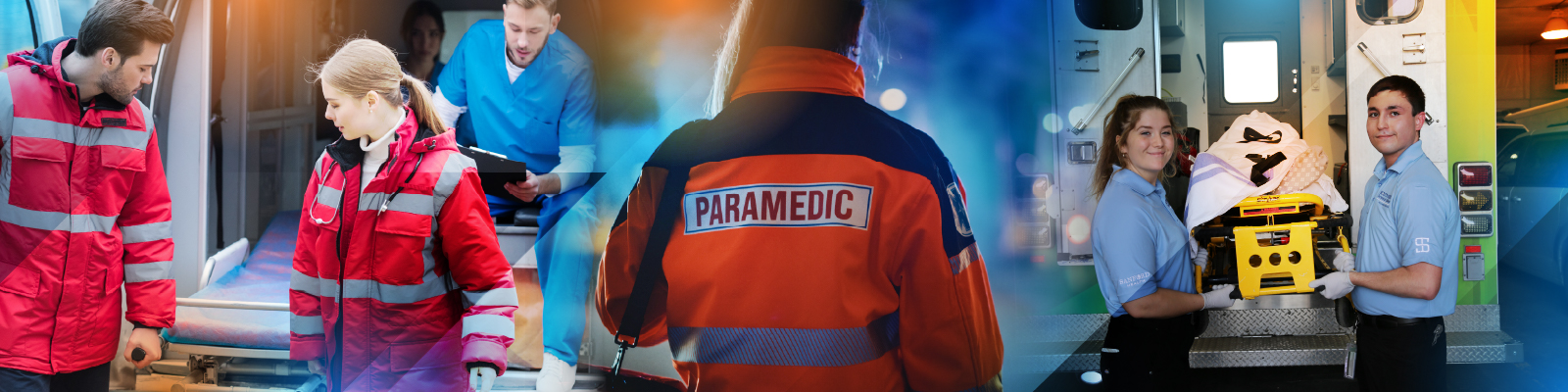 Students performing emergency tasks to prepare for life-saving emergencies such as loading and unloading patients into an ambulance.