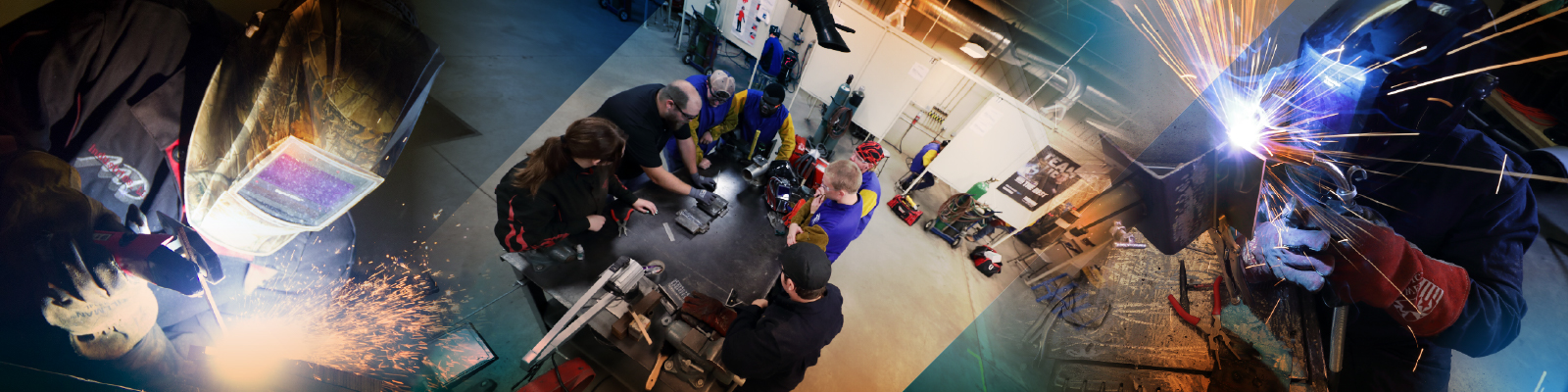 Side view of a Southeast Tech student in welding using a torch and view of group of students in the lab discussing welding techniques.