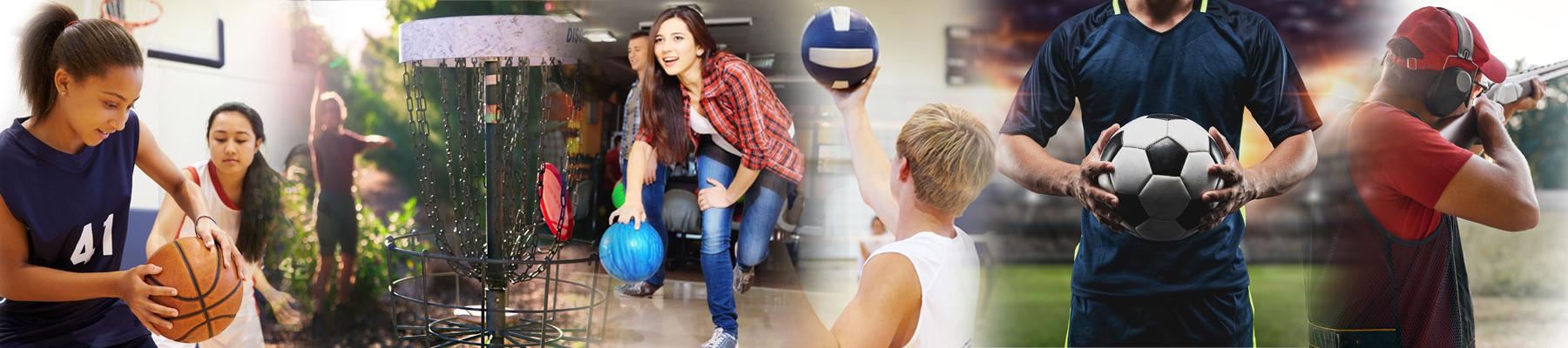 collage of sports - basketball, bowling, soccer, shooting, disc golf. 