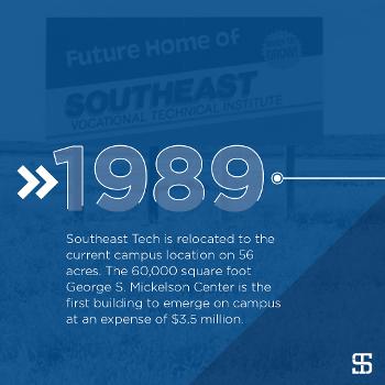 Southeast Tech is relocated to the current campus location on 56 acres. The 60,000 square foot George S. Mickelson Center is the first building to emerge on campus at an expense of $3.5 million.